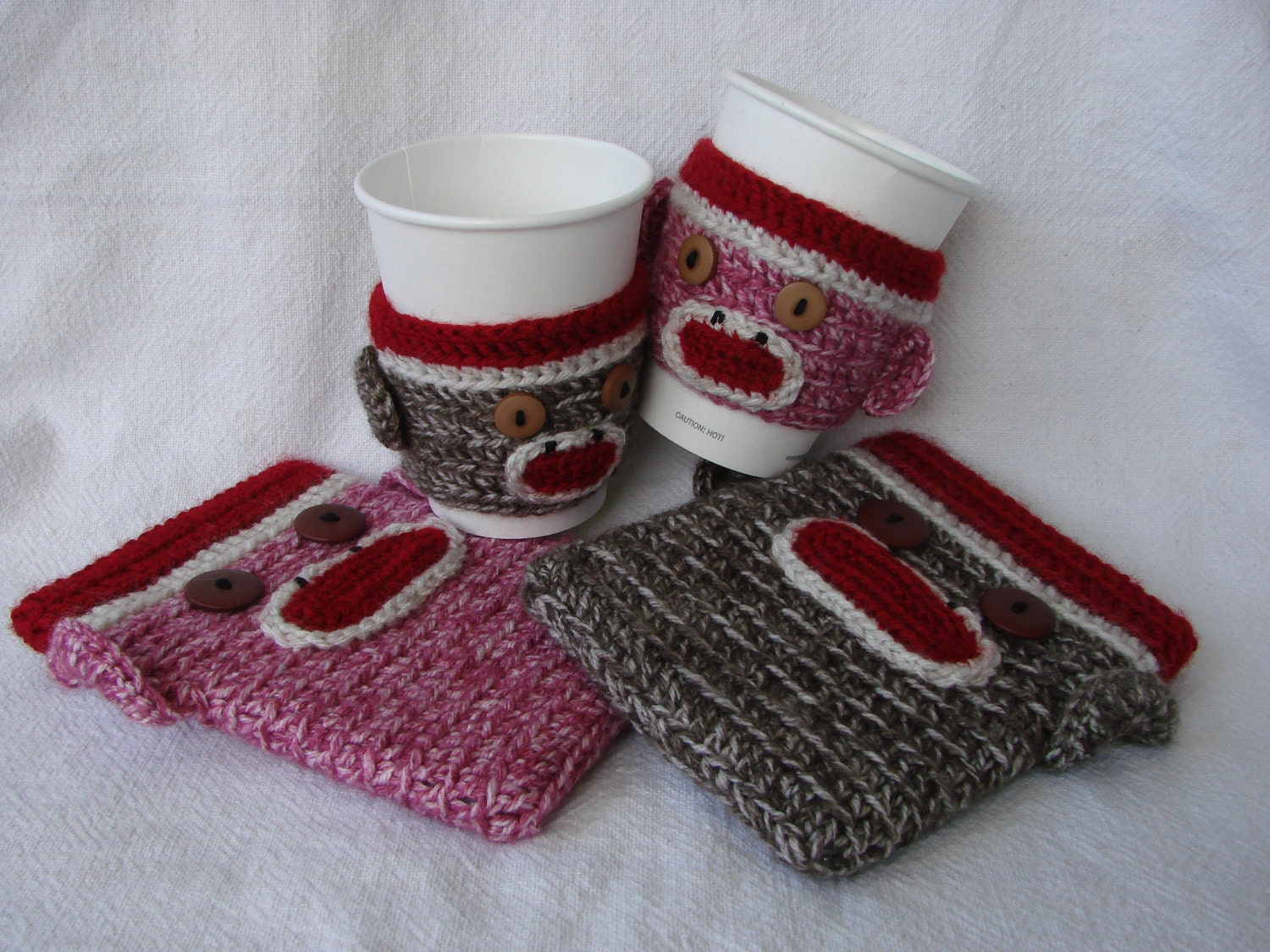 His & Hers Sock Monkey Kindle Kobo, Nook eReader Sleeve Coffee Cozy SET of two Pink Brown (or Any Color Combo)