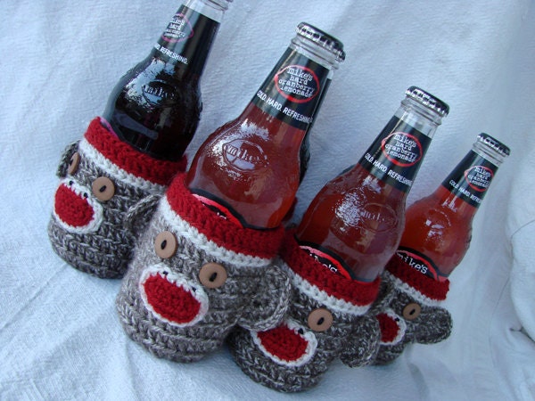 Six 6 Pack Sock Monkey Beer, water, soda Bottle Cozies half dozen,wedding birthday party favor teacher appreciation