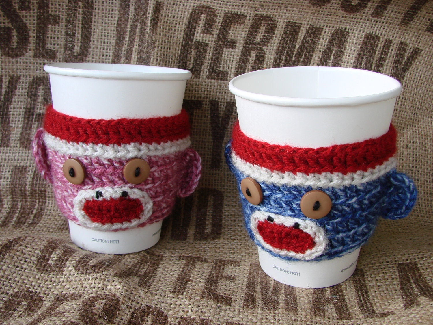 His and Hers Sock Monkey Coffee Cozy SET of TWO one pink and one blue