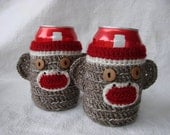 Sock Monkey Beer Can Cozy, groomsman, birthday gift, party red white brown