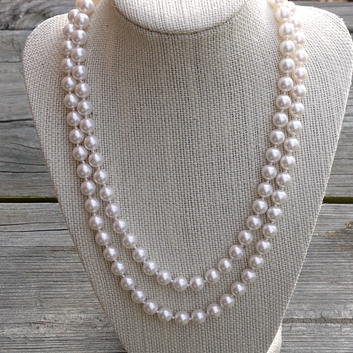 SALE-Pearl Bridal Necklace, Hand Knotted Pearls, Double Strand Necklace with Vintage Style Rhinestone Clasp