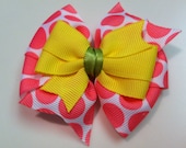 Hot Pink Polka Dots and Yellow with Green Stacked Boutique Style Ribbon Bow Handmade for PETS Dog Collar Accessory