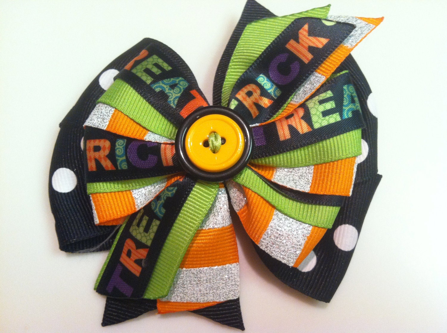 Orange and Black HALLOWEEN Trick or Treat Triple Stacked Boutique Style Ribbon Bow Handmade for PETS Dog Collar Accessory