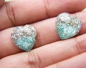 Seafoam Glitter Heart Button Earrings