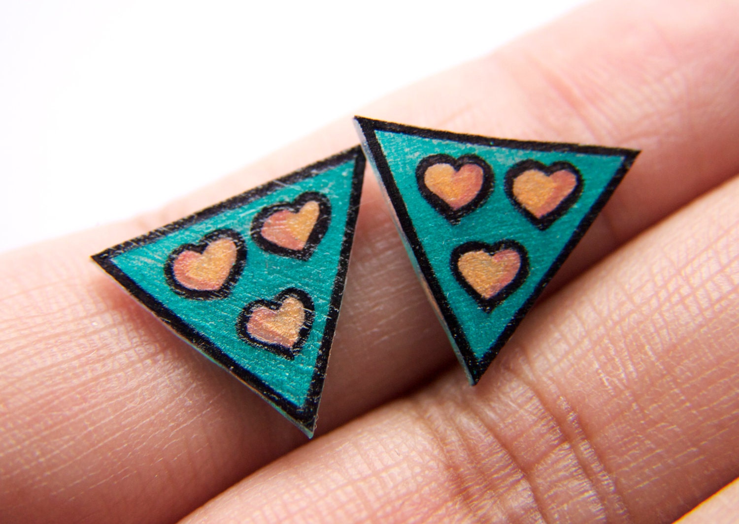 Shrink Plastic Heart Flag Earrings Deep Aquamarine and Peach