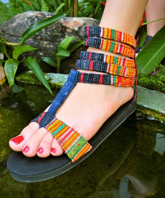 Cassandra- Vegan Gladiator Sandals In Orange Indigo Hmong Embroidery ... Cassandra- Vegan Gladiator Sandals In Orange Indigo Hmong Embroidery ...