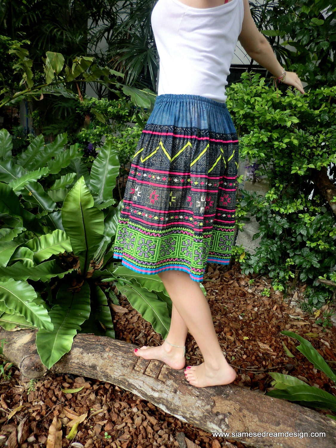 Hand Drawn Indigo Batik and Colorful Embroidery Hmong Skirt