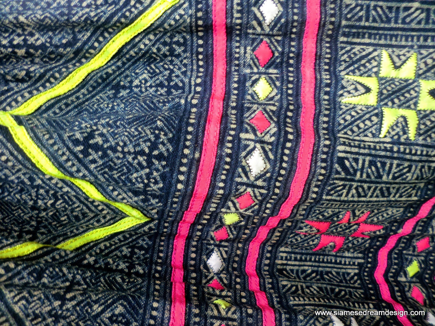 Hand Drawn Indigo Batik and Colorful Embroidery Hmong Skirt