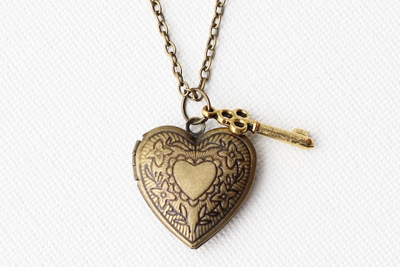 Heart Locket Pendant Necklace - Small gold key charm