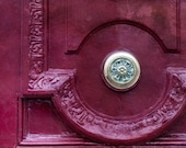 Paris Photo - Maroon Door and Knob, Paris, France, Architectural Detail Fine Art Photograph, Urban Home Decor