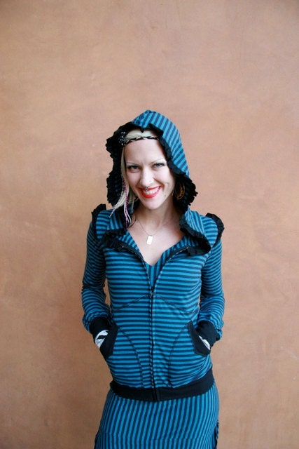 Teal and Black Striped Ruffle Hoody