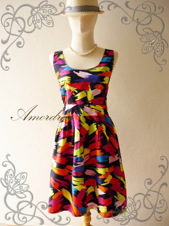 Retro Dress Amor Vintage Inspired- Chilling Princess- Great Paint Colorful Cotton Dress for Any Occasion-Fit S-M-