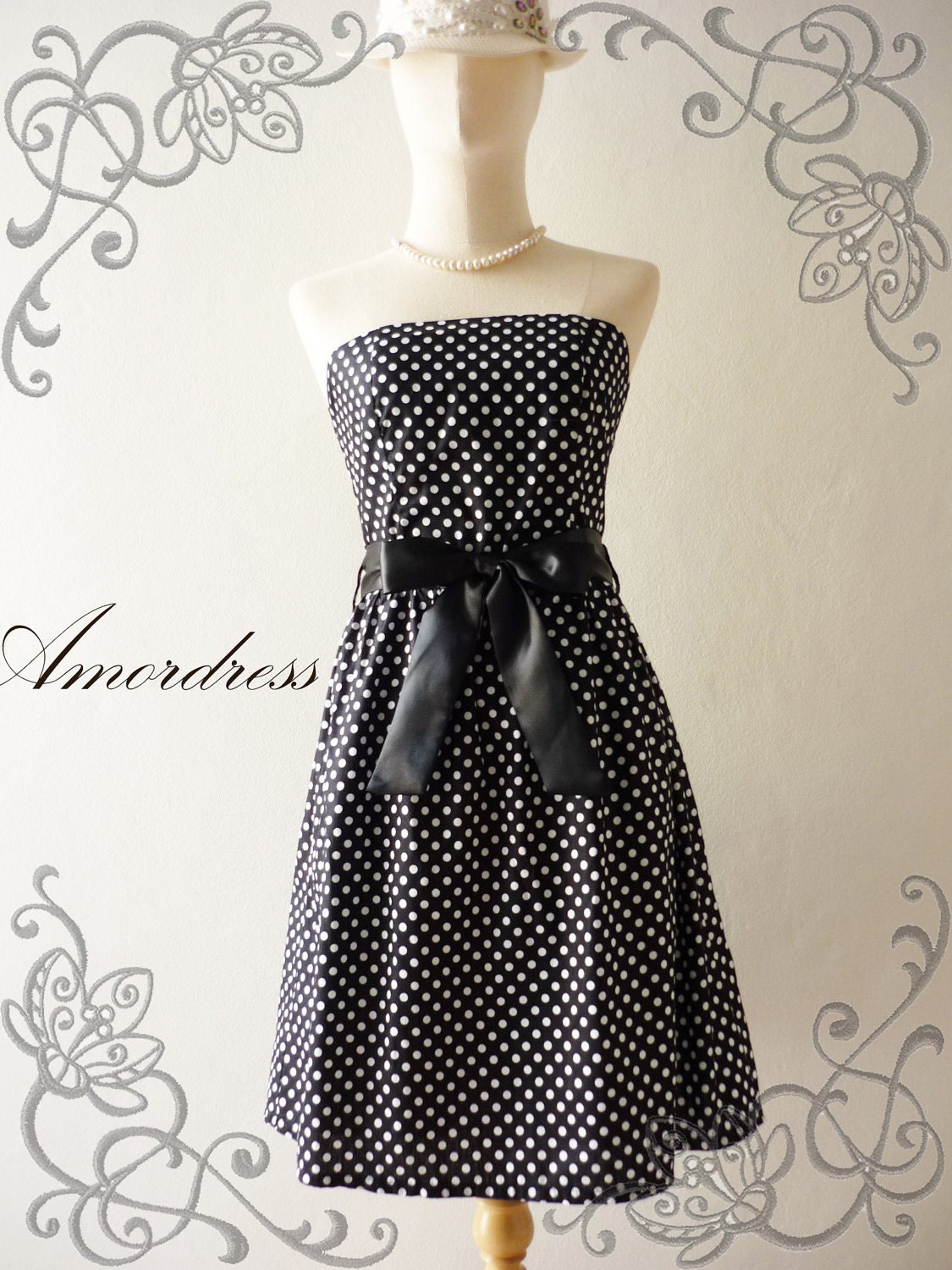 Amor Vintage Inspired- ReTrO PoLkA DoT- Strapless Cocktail Cotton Dress in Black -XS-S-