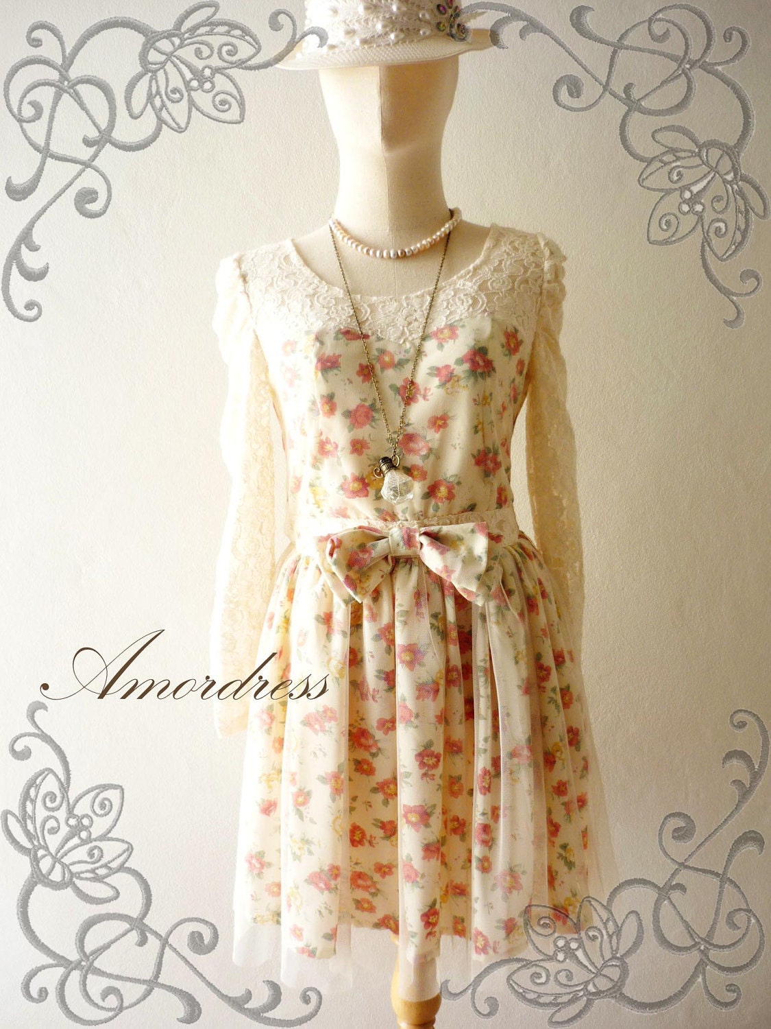 Limited--Amor Vintage Inspired- Fairy Tale Collection- Cutie Princess Long Sleeve Mini Lace Dress in Cream Shade -Fit S-