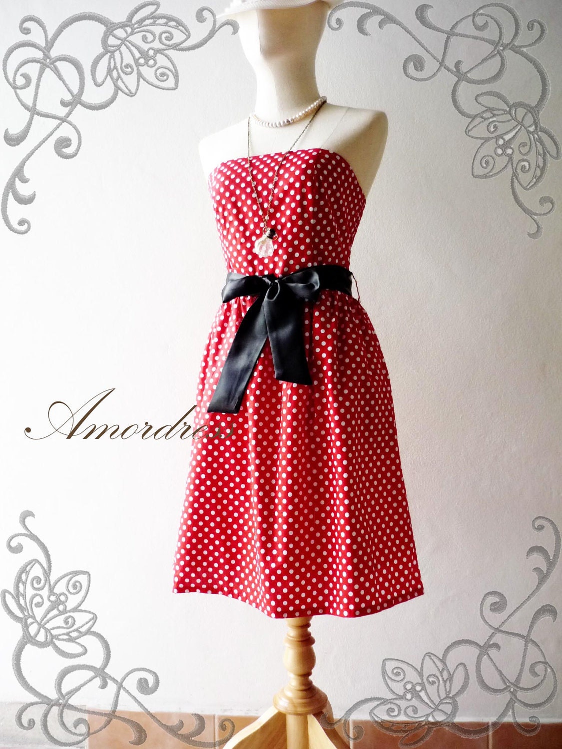 SALE TODAY--Amor Vintage Inspired- ReTrO PoLkA DoT- Strapless Cocktail Cotton Dress in Red -Xs-S-