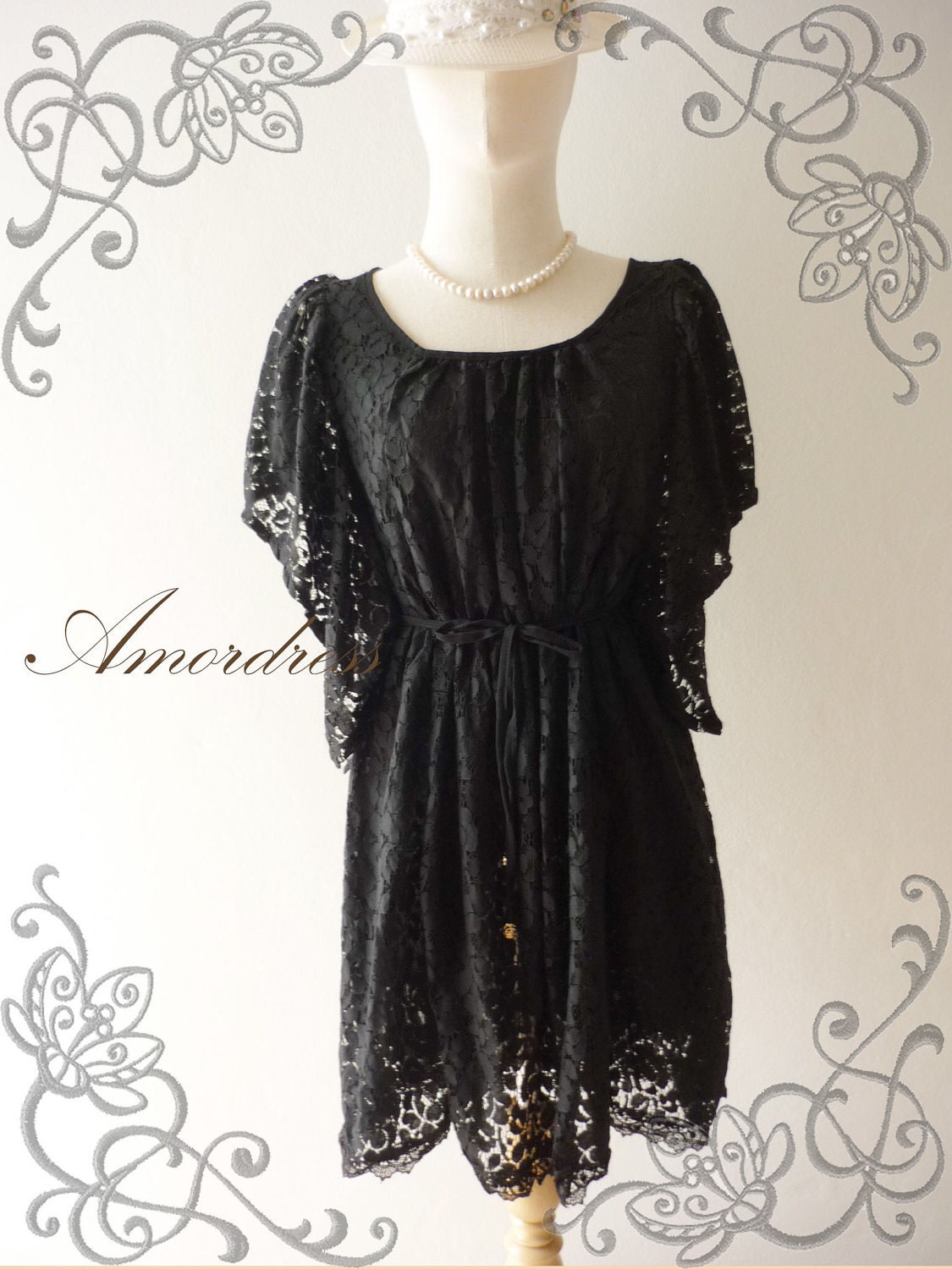 Amor Vintage Inspired- I'm So Beautiful- Sweet Vintage Feminine Style Butterfly Ruffle Sleeve Black Flower Filigree Lace Dress -Size L-