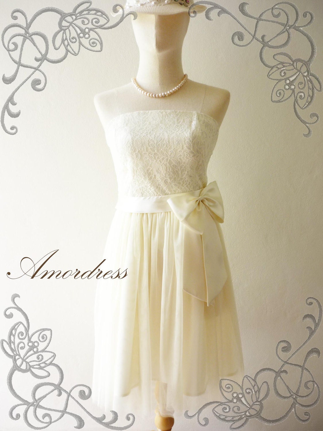 LIMITED--Amor Vintage Inspired- Princess Romance- Strapless Gorgeous Lace Tulle Dress Classic Cream for Wedding, Prom, Any Special Day