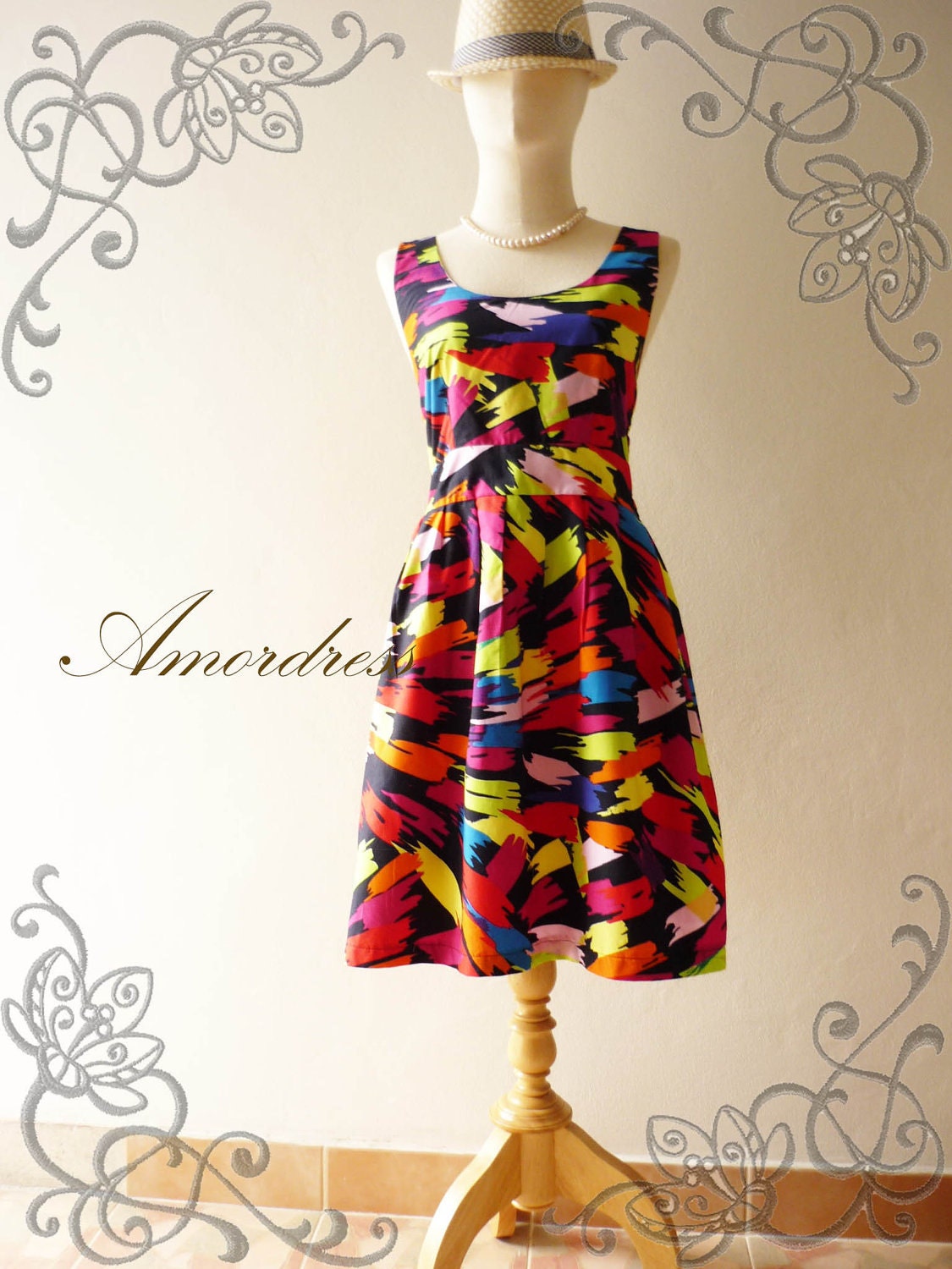 Retro Dress Amor Vintage Inspired- Chilling Princess- Great Paint Colorful Cotton Dress for Any Occasion-Fit S-M-