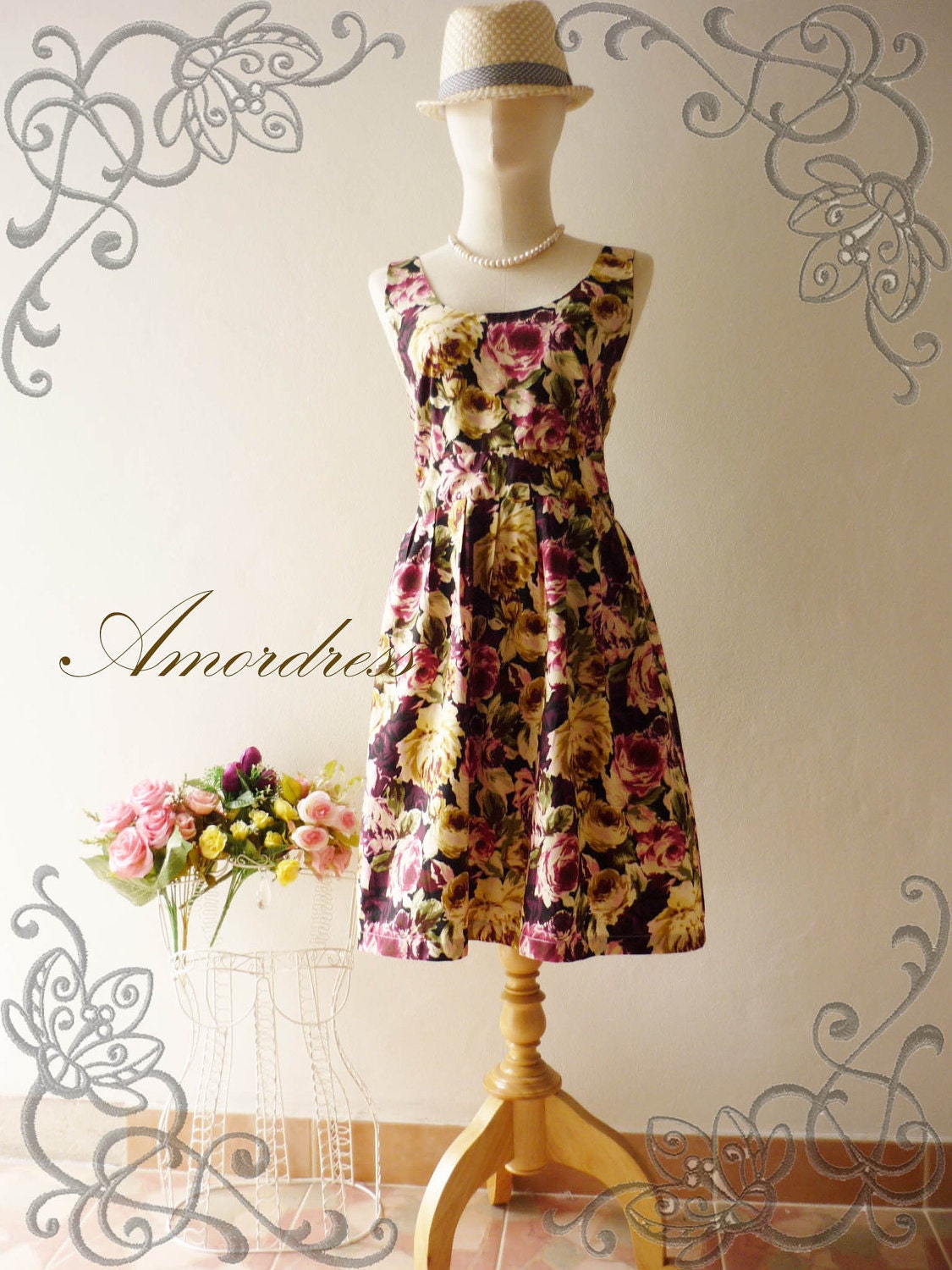 HOT SALE Amor Vintage Inspired- Chilling Princess- Purple Floral Shade Cotton Dress for Any Occasion-Fit S-M-
