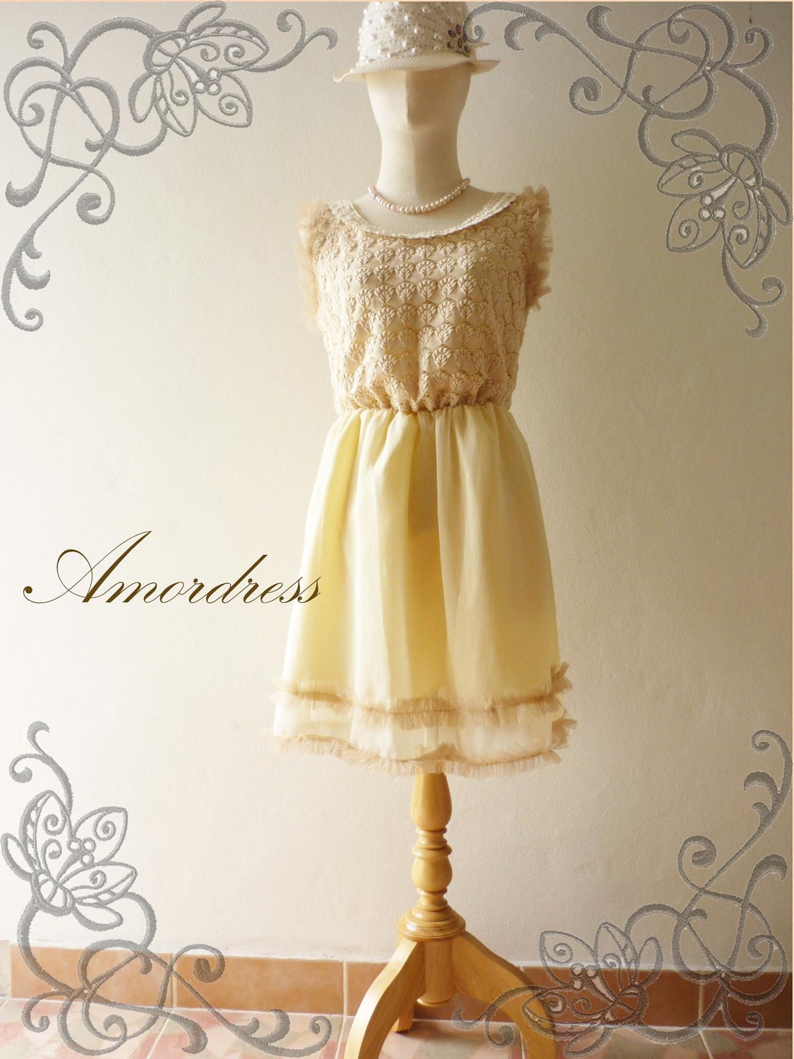 SALE.. Amor Vintage Inspired Whimsical Beige Cream Vintage Lace Cocktail Sleeveless Lace Mini Dress - Princess Closet- -Fit XS-S -