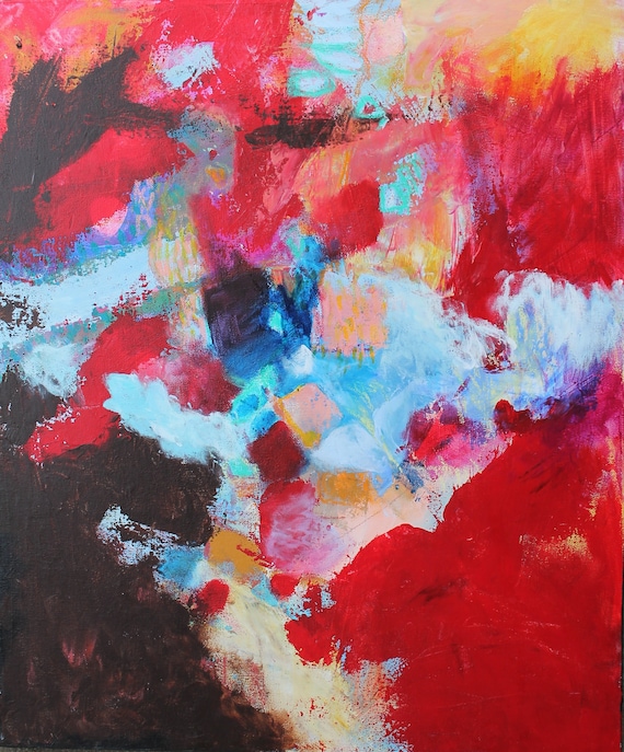 Abstract Art Acrylic Red Painting on Canvas Original Contemporary "Fire Flow"