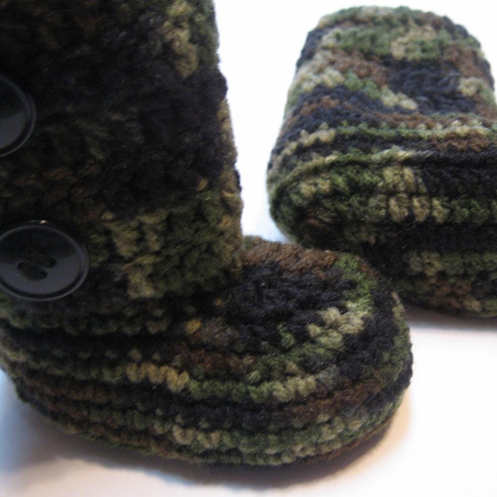 Crochet baby booties.  Boys booties.  Boys ankle boots.  Camouflage.  Made to order.  6 to 12 month, 12 month, 18 month, 24 month.