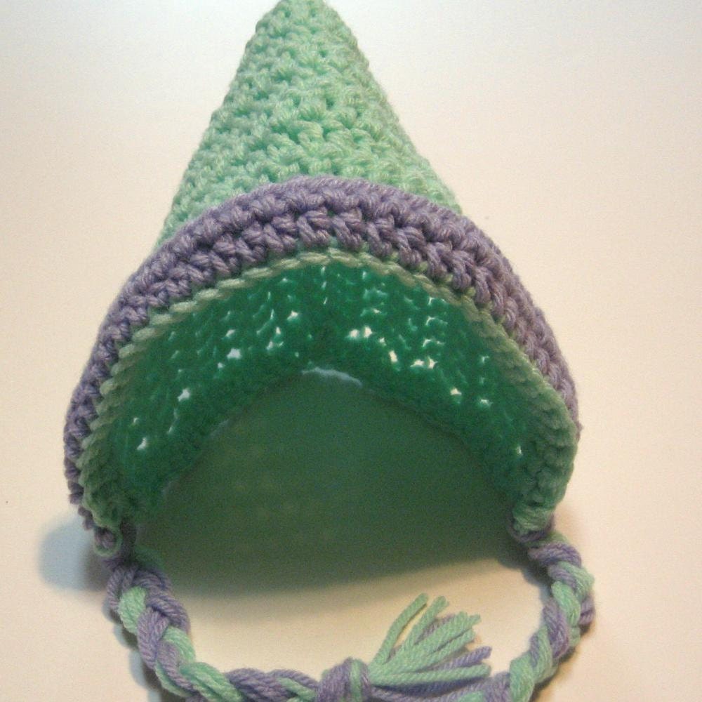 Crochet pixie, elf, gnome hat.  Newborn to 3 month.  Ready to ship.  Mint and lilac.  Photography prop.