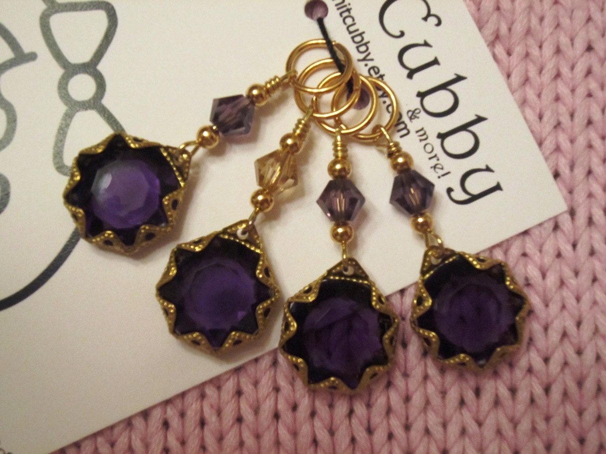 Vintage Filigree Metal Wrapped Purple Jewel Non Snag Stitch Markers - LIMITED QUANTITY