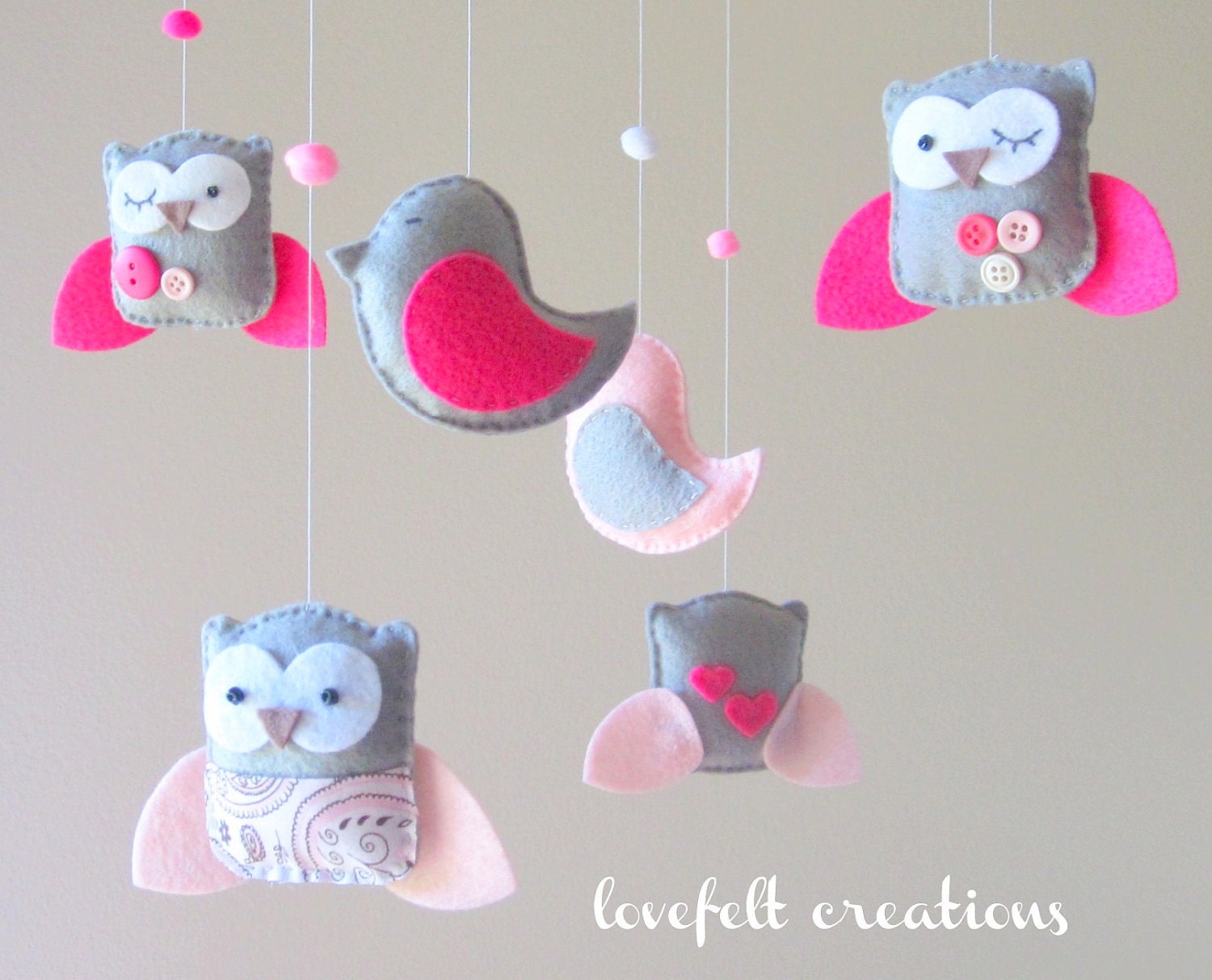 Baby Crib Mobile - Baby Mobile - Owl and Bird Mobile - Pink and Gray Baby Mobile - Mobile - You can Customize your colors :)