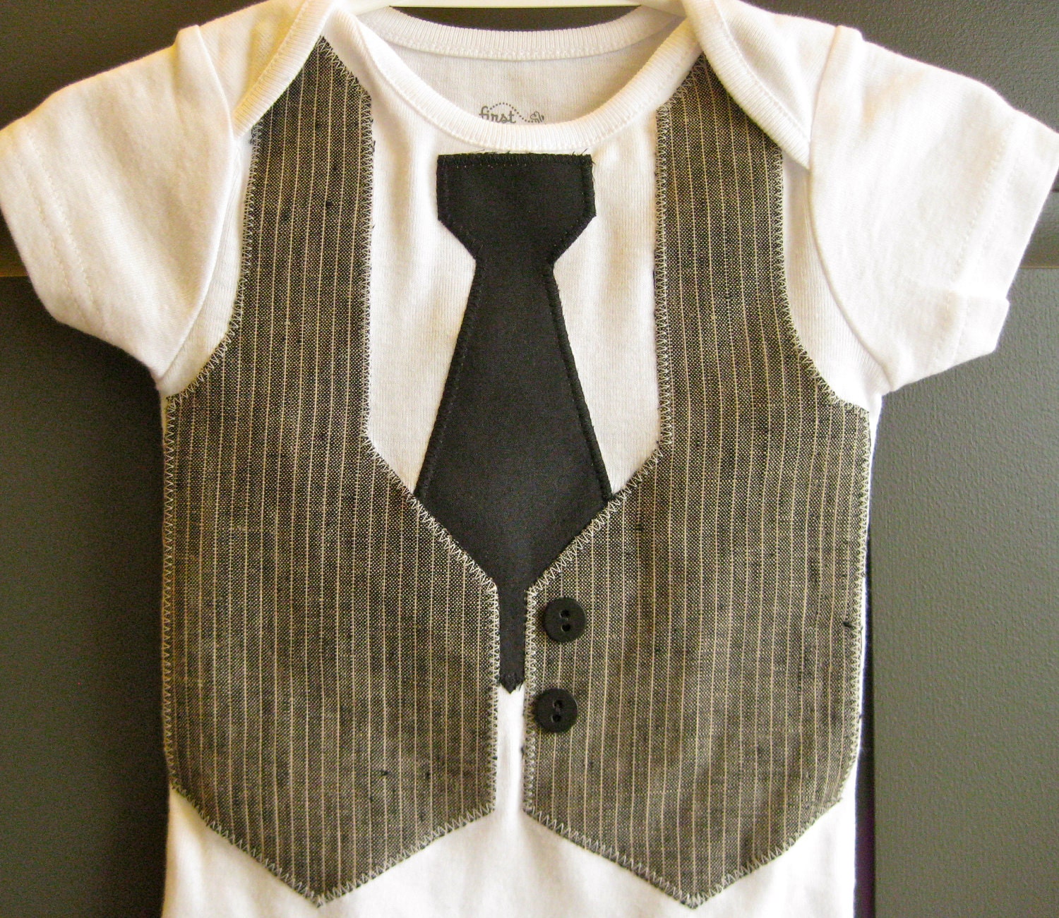 Baby Boy Gray & Black Faux Vest Tie Suit Onesie Bodysuit Long sleeve short sleeve 3 6 9 12 18 24 month - MadiBethCreations