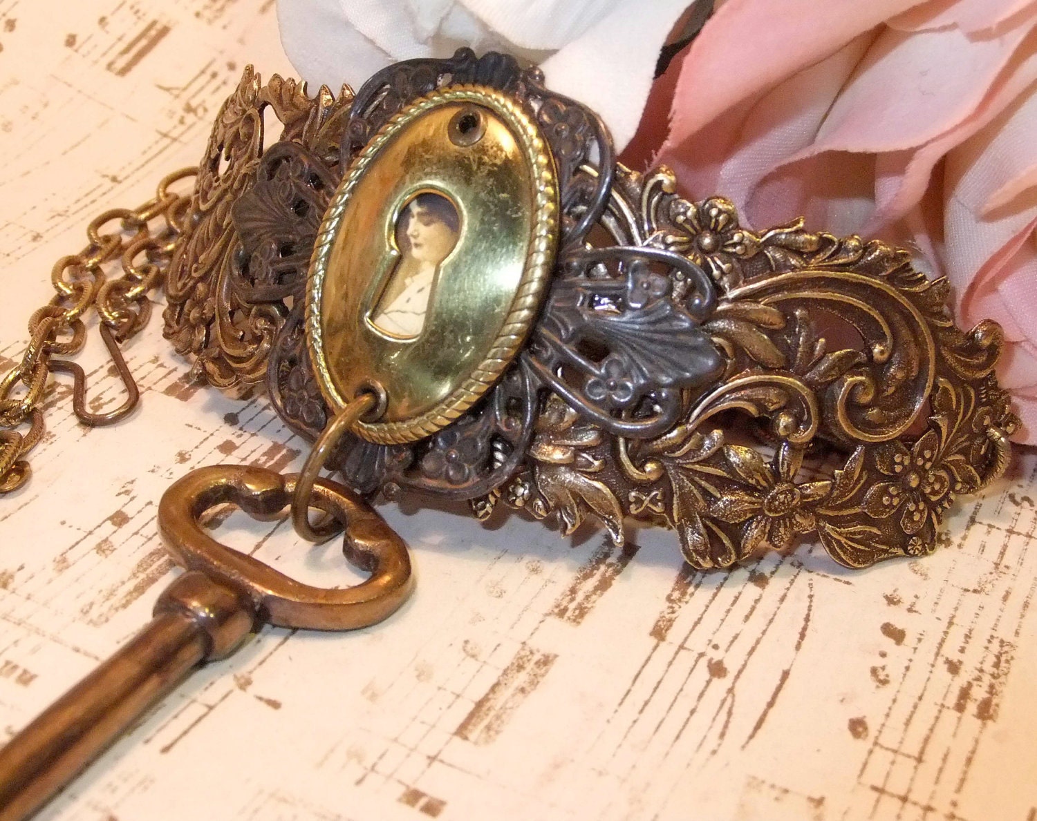 Secret Admirer, Antiqued Brass Victorian Filigree Neck Cuff with Black Ox Filigree, Escutcheon & Brass Key