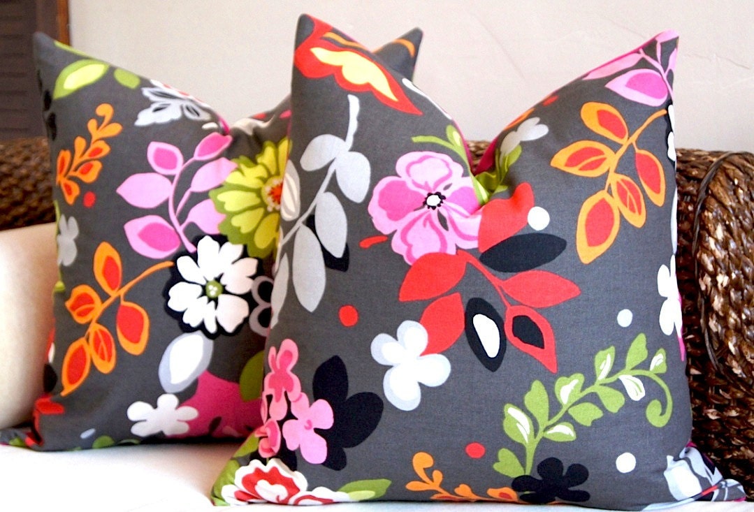 Floral Pillow Pink Chartreuse Red Grey Yellow Green Size 20x20