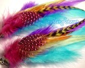 Pink purple aqua blue lime green brown black grizzly long feather earrings