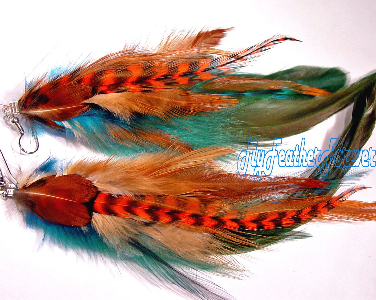 Teal blue brown and orange grizzly long feather earrings