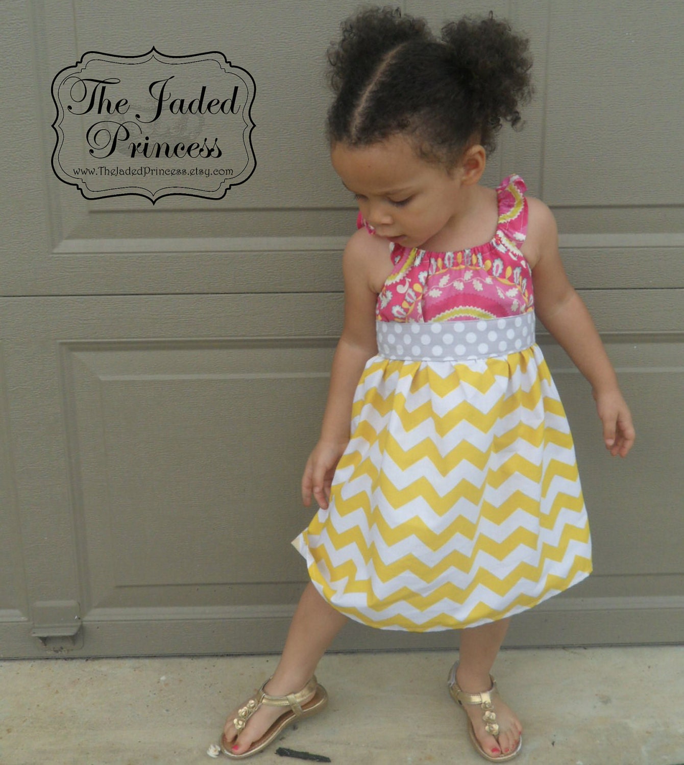 Girls boutique party dress- Yellow and white chevron dress- Made to order