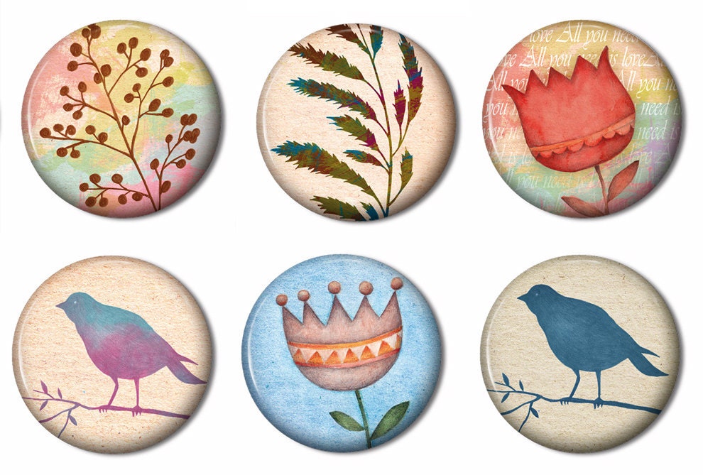 Magnets Set of 6 - Fall, Bird, Flower, Leaves, Retro - Button Style Magnet,  party favors, prizes, gifts,  fridge magnet, button