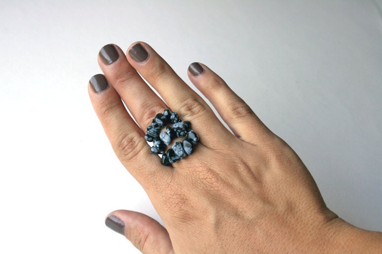 Black and White Snowflake Obsidian Cluster Ring