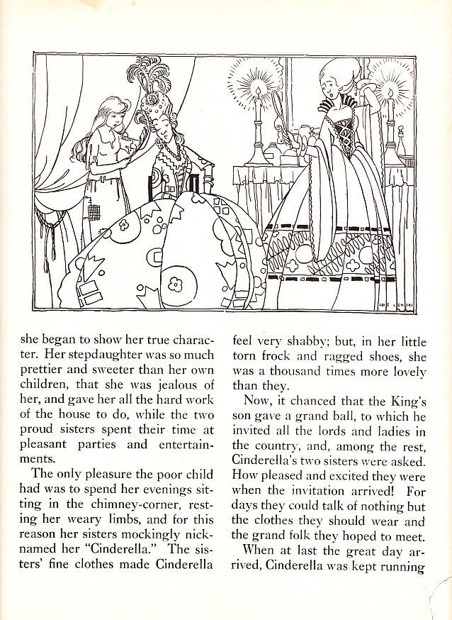 Lot of 7 vintage book pages with color and black and white Cinderella illustrations from 1933