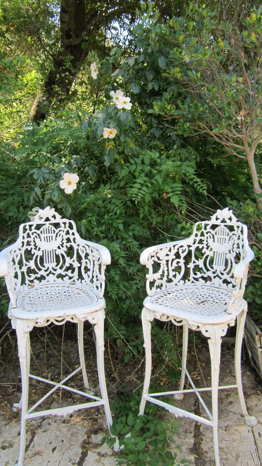 Pair vintage white cast iron ornate stools FREE SHIPPING shabby chic roses prairie victorian