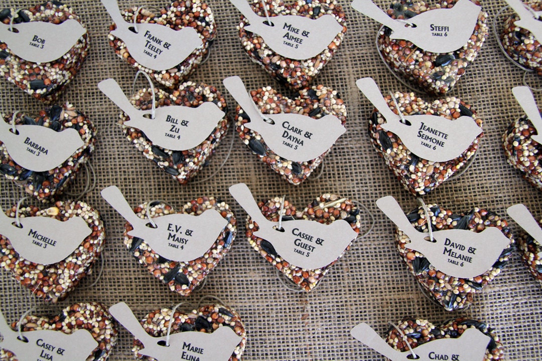150 love bird favors / place cards - bird seed hearts, personalized, eco friendly, love birds