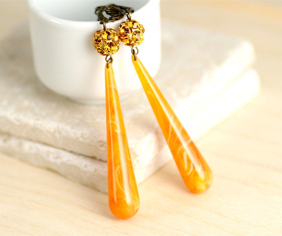 Yellow Orange Earrings: Yellow Orange Rhinestone Drop Earrings, Antiqued Brass (Najya) - BijouxLaudine