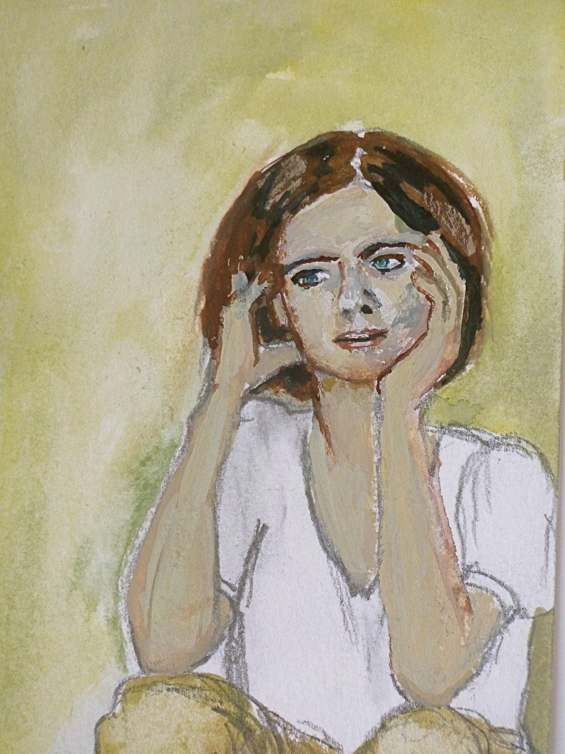 Woman Portrait Painting - Original Small Watercolor and Gouache Art - Waiting