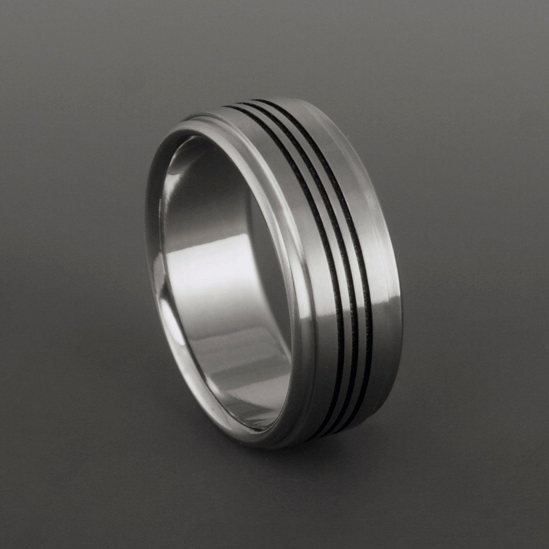Titanium Wedding Ring - Flat Profile - Three Centered Black Pinstripes - Stepped Down Edges