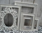 Distressed PICTURE FRAMES - Ornate - Set of Five - Heirloom White - shabby chic Wedding - w/ Glass N Backing