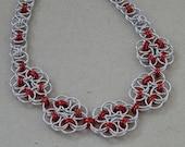 Chainmaille Necklace, Celtic Style Helm Weave, Flowers in Red and Silver Jump Rings, Handmade by Lace Metal on Etsy