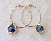 Gold Plated Hoop Earrings with a London Blue Briolette Charm. Drop. Dangle. September Birthday. Jewelry Under 25