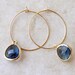 Gold Plated Hoop Earrings with a London Blue Briolette Charm. Drop. Dangle. September Birthday. Jewelry Under 25