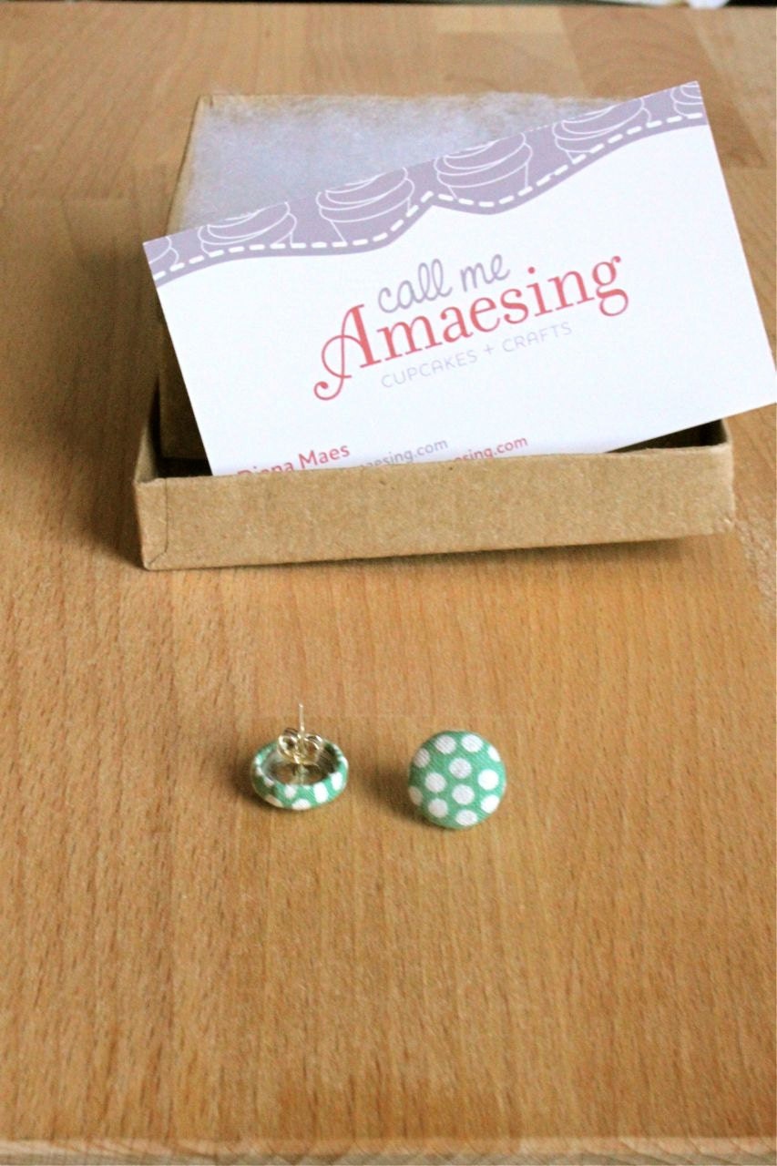 Light Green with White Polka Dot Fabric Button Earrings
