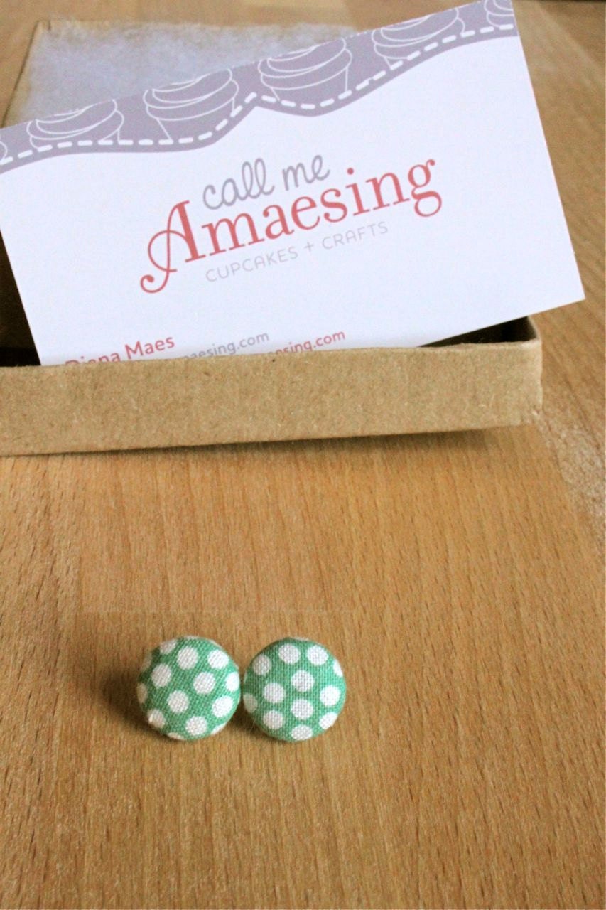 Light Green with White Polka Dot Fabric Button Earrings