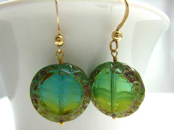 Czech Glass Turquoise Blue Green Earrings